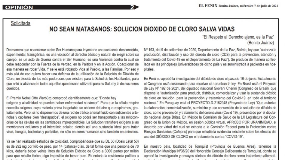 Bolivia: Legisladores aprueban uso de dióxido de cloro contra coronavirus